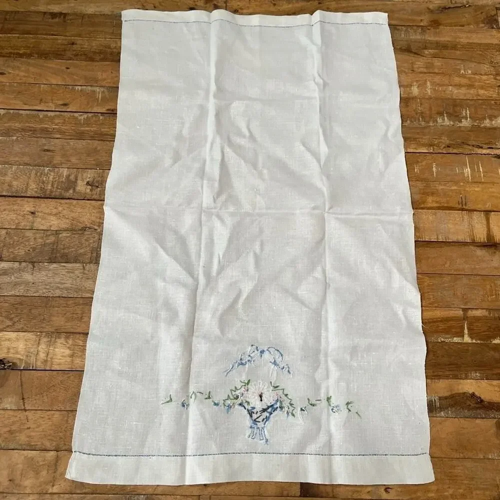 White Kitchen Dish Towel 17 x 28 in Hand-Embroidered Floral Basket Cross-Stitch